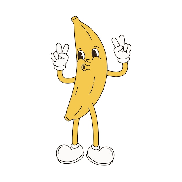 Frutas retro personajes de dibujos animados funky mascota cómica de plátano con cara de sonrisa feliz manos y pies