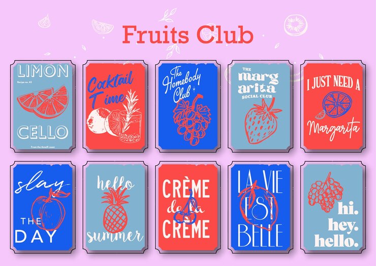 Frutas sello tipografía arte conjunto de ilustraciones