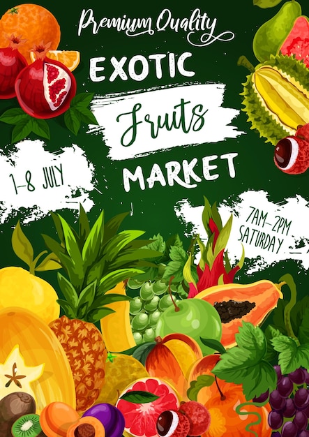 Vector frutas tropicales, comida de granja, frutas exóticas de jardín.