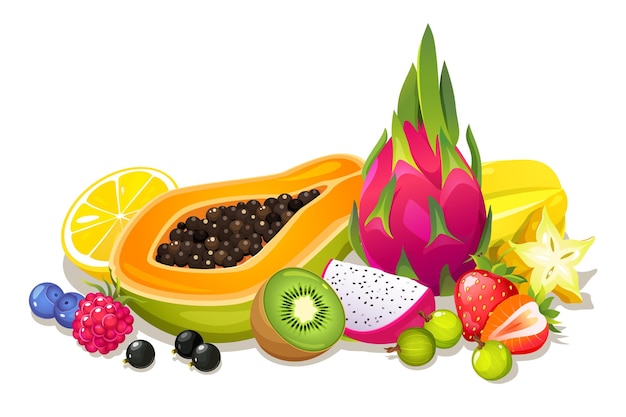 Frutas tropicales de diferentes colores aisladas sobre un fondo blanco