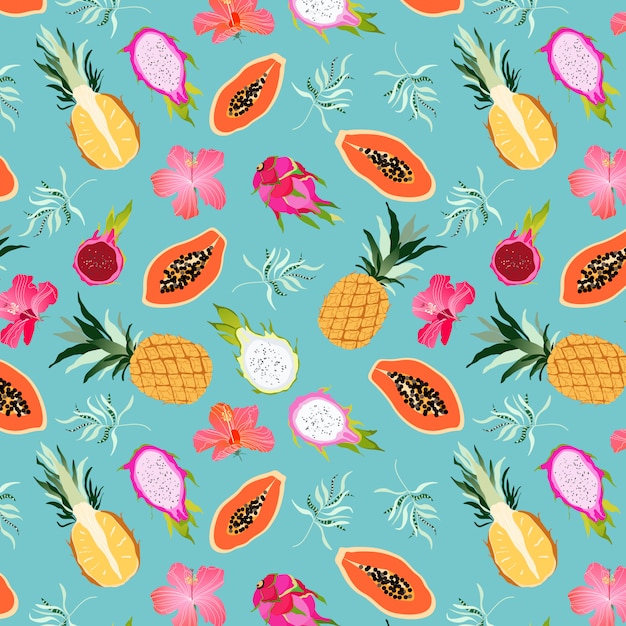 Frutas tropicales y flores sin patrón. Colección de frutas exóticas en turquesa. Fruta del dragón, piña, papaya y flores de hibisco. Isla hawaiana dulce paraíso. Luna de miel. Web, diseño de impresión.