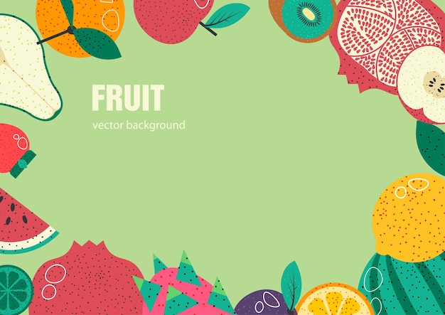 Frutas tropicales o exóticas comida y comida maduras y nutritivas Cortar granada y sandía pitaya y ciruela naranja y fresa de pera Banner promocional con espacio de copia Vector en estilo plano