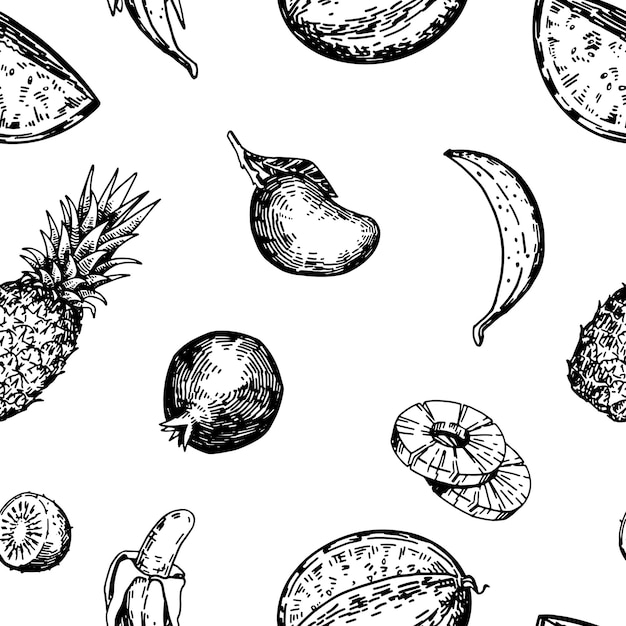 Frutas tropicales vector de patrones sin fisuras Dibujado a mano piña sandía granada plátano mango uvas cítricos kiwi Esquema abstracto ornamento en estilo retro