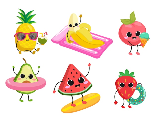 Vector frutas tropicales de verano de carácter kawaii