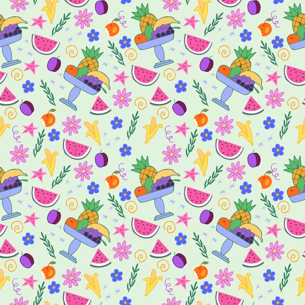 Frutas vectoriales, flores, estrellas y elementos decorativos en patrones sin fisuras de estilo de dibujos animados