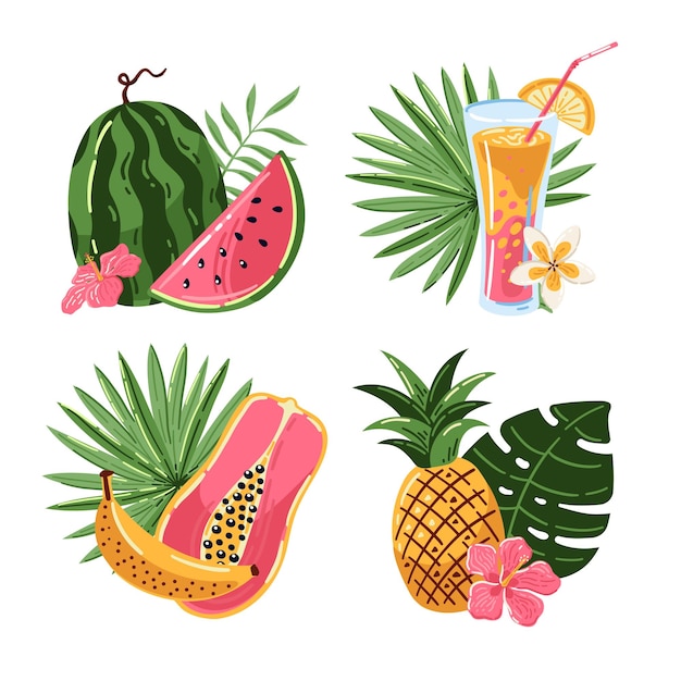 Frutas de verano clipart Frutas tropicales y exóticas y hojas de palma Composiciones aisladas en blanco