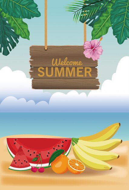 Frutas de verano en la playa con cartel de madera
