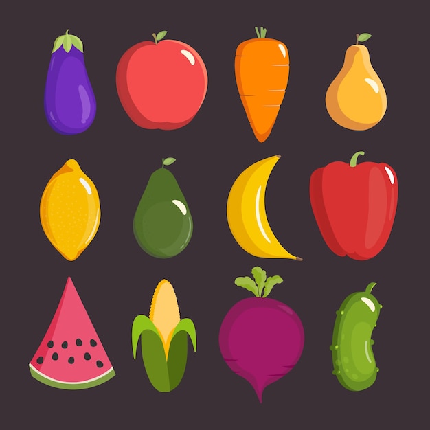 Frutas y verduras Berenjena Manzana Zanahoria Pera Limón Aguacate Plátano Pimiento Sandía Maíz Remolacha Pepino en un estilo plano de dibujos animados