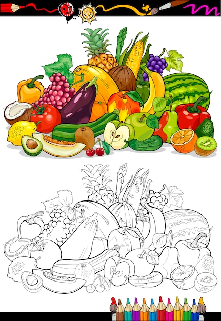 Vector frutas y verduras para colorear libro