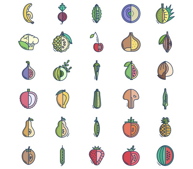 Frutas y verduras, conjunto de iconos en rodajas