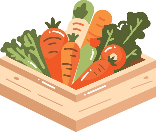 Frutas y verduras dibujadas a mano en cajas de estilo plano aisladas en el fondo