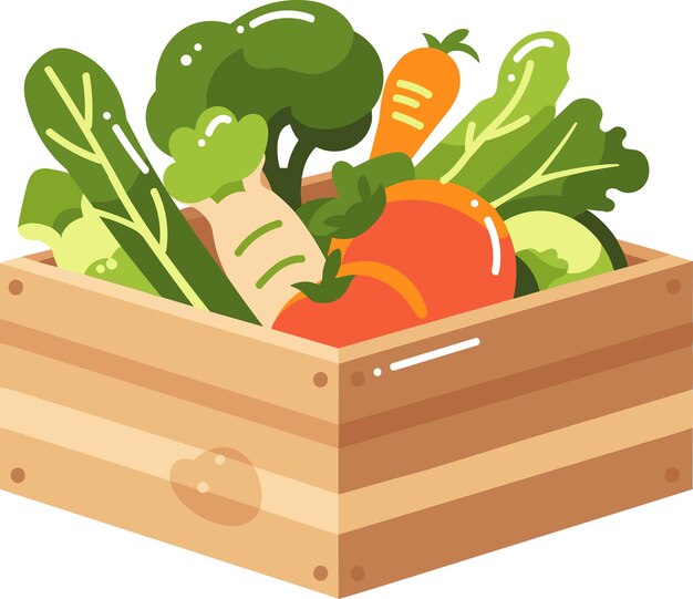 Frutas y verduras dibujadas a mano en cajas de estilo plano aisladas en el fondo
