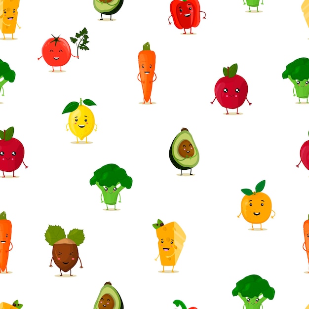 Frutas y verduras divertidas Patrón sin costuras Ilustración vectorial