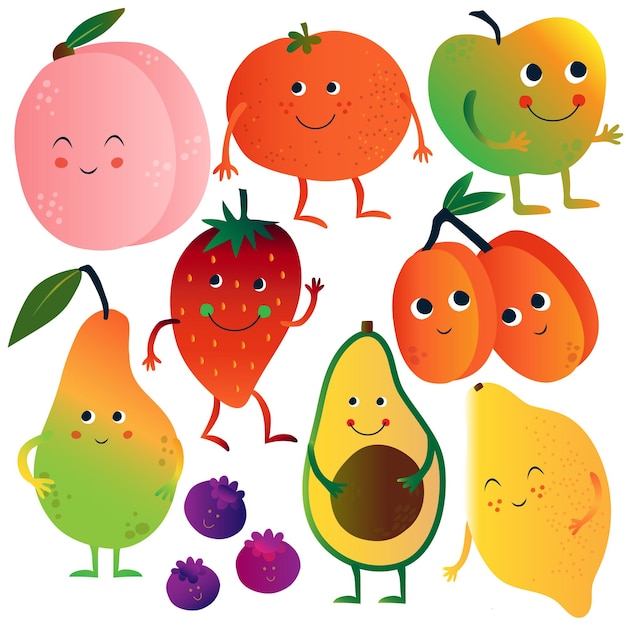 Frutas y verduras divertidas Personajes de dibujos animados con caras divertidas Set Melocotón Tomate Manzana Fresas Aguacate Limón Blueberries albaricoques Pera Ilustración vectorial en fondo blanco