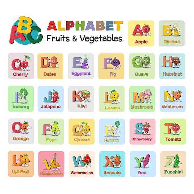Vector frutas y verduras letras del alfabeto de a a z para niños