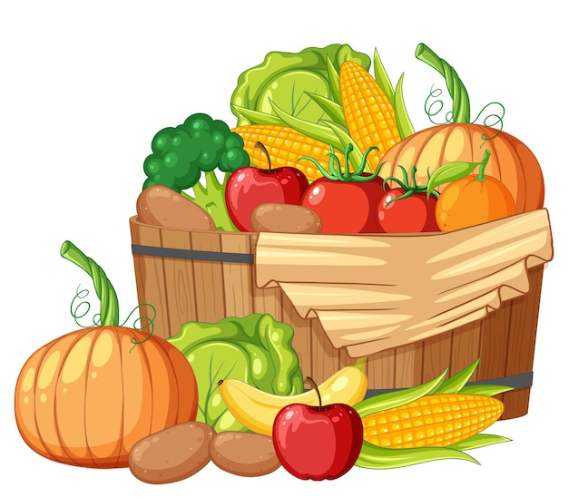 Vector frutas y verduras orgánicas en barriles de madera