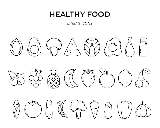 Frutas, verduras y otros íconos vectoriales de alimentos saludables, logotipo de tienda orgánica abstracta, alimentos saludables