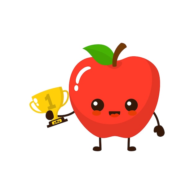 Fruto de manzana feliz y lindo con trofeo de oro Diseño de iconos de personajes de dibujos animados de frutas planas vectoriales