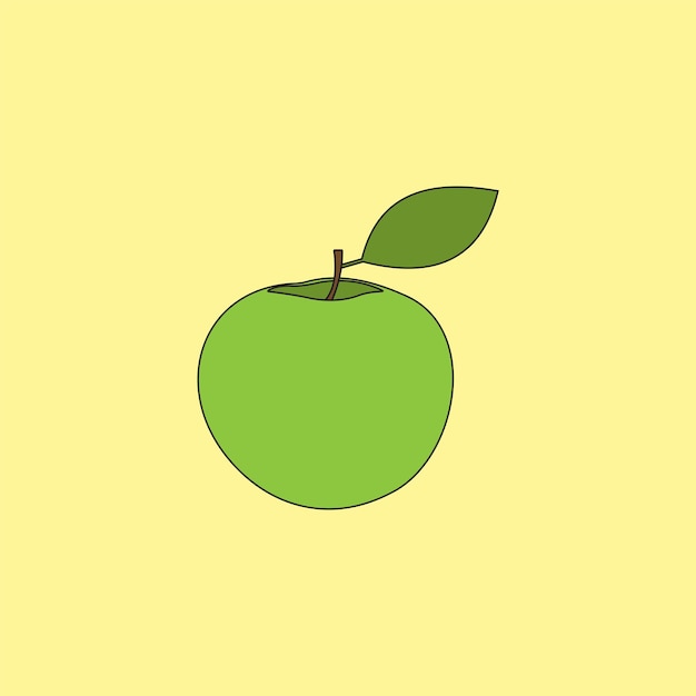 Fruto de manzana verde con ilustración vectorial de hojas en fondo amarillo
