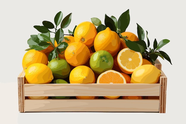 Vector fruto naranja con media rebanada y hoja verde en caja de madera aislada sobre fondo blanco con