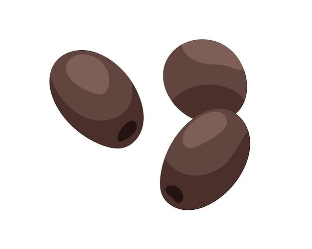 Frutos de aceituna negra. Bayas griegas frescas. Verduras de aceite italiano, oliva. Nutrición mediterránea ecológica. Ilustración de vector plano aislado sobre fondo blanco.