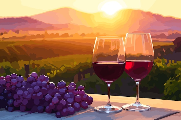 Frutos de uva con vino y mesa de espacio libre