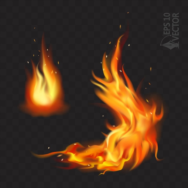 Fuego ardiente chispas ardientes llama aislada sobre fondo negro 3d ilustración vectorial realista