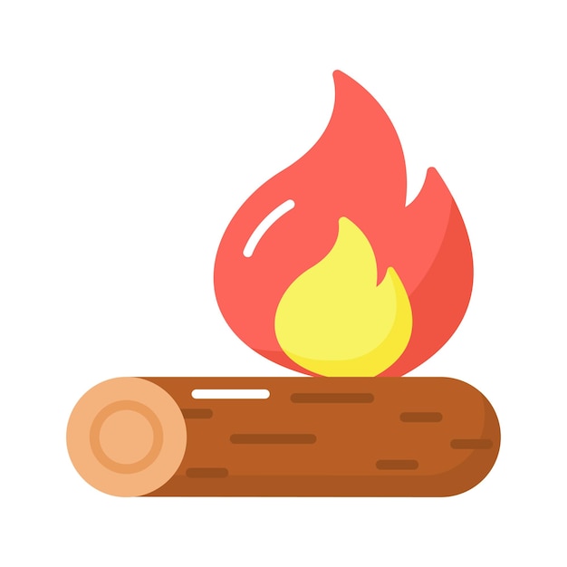 Fuego de campamento que quema leña de leña con llama de fuego en diseño editable
