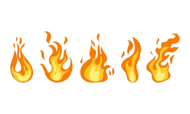 Fuego de dibujos animados Llama de bola de fuego infernal fuego de campamento naranja y amarillo fuego salvaje caliente y fuego de leona poder de quema Iconos de quema de fuego del infierno conjunto de vectores aislados Caminera o actividad de campamento