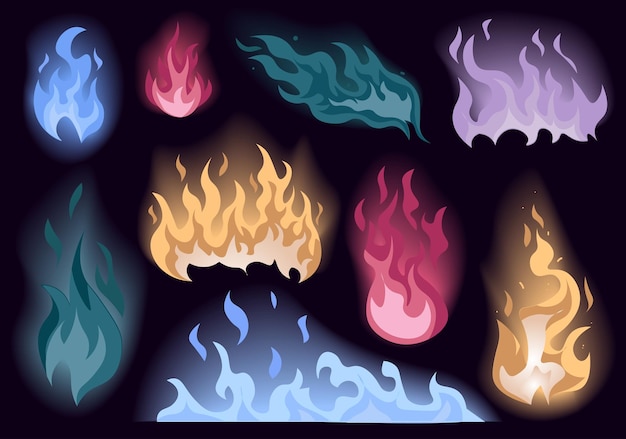 Fuego establecido en diseño plano de dibujos animados fuegos multicolores en un fondo negro con un estilo de neón