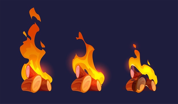 Fuego forestal vectorial fuego de campamento en estilo de dibujos animados leña de animación aislada en fondo oscuro