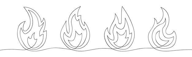 Fuego en una línea Hoguera o llama Concepto de explosión o fuego Estilo de línea continua Conjunto de vectores