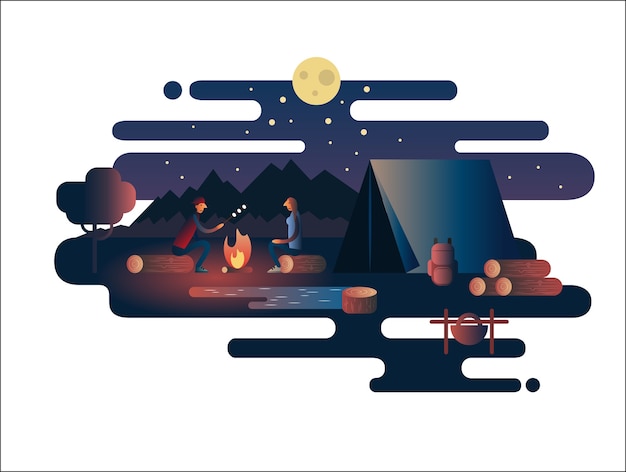 Vector fuego nocturno cerca del campamento de tiendas. fogata en la naturaleza, vacaciones al aire libre, viajes de aventura, campamento de paisaje,