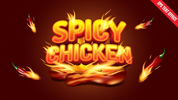 Vector el fuego picante del pollo, la llama ardiente, el efecto de texto, la tipografía audaz y ardiente con elementos gráficos.
