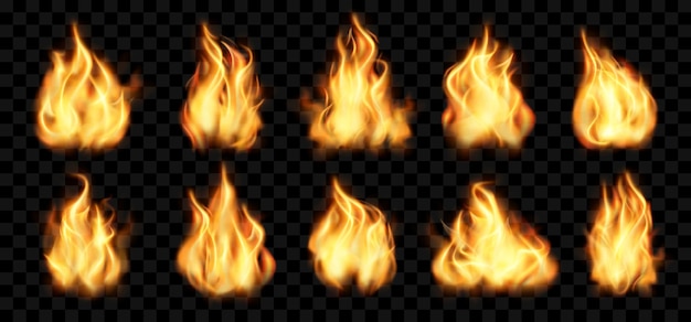 Fuego realista Efecto de quema con llamarada roja Llama de antorcha Luz de hoguera Llama con chispa y humo Fuego de campamento o bola de fuego Elementos de infierno caliente Conjunto Vector fondo neotérico transparente