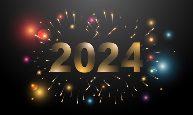 Fuegos artificiales para el año nuevo 2024 saludando feliz año nuevo diseño de tarjeta web de banner espacio para el logotipo de texto ilustración vectorial