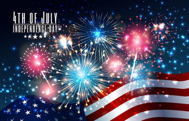 Fuegos artificiales y bandera del Día de la Independencia del 4 de julio