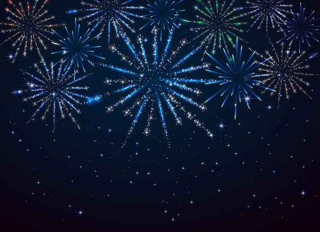 Fuegos artificiales brillantes en la ilustración de fondo azul oscuro