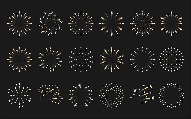 Fuegos artificiales brillo vacaciones xmas haz oro conjunto realista Explosión simple fiesta chispa estrella brillante signo celebrar navidad año nuevo bday redondo icono Saludo elemento diseño feliz día postal aislado