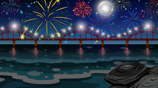 Fuegos artificiales de celebración con escena de puente.