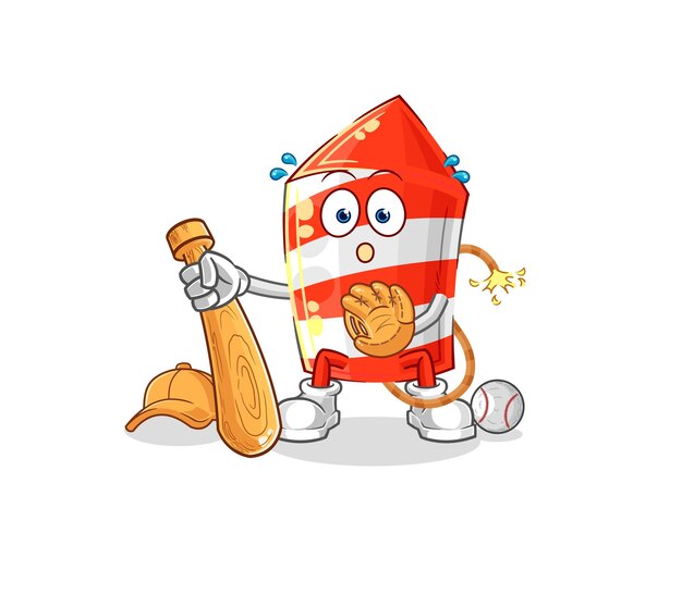 fuegos artificiales, cohete, béisbol, catcher, caricatura, caricatura, mascota, vector