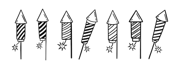 Fuegos artificiales cohete doodle icono dibujado a mano conjunto de contorno dibujo fuegos artificiales línea de cohete símbolo clipart