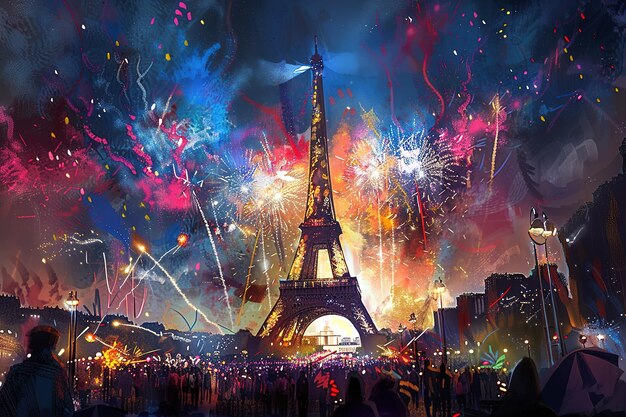 Fuegos artificiales coloridos de celebración sobre la Torre Eiffel en París, Francia