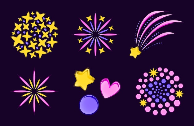 Fuegos artificiales y confeti conjunto luminoso de neón ilustraciones iluminadas en color vectorial para eventos festivos
