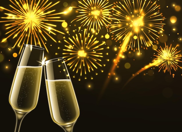 Fuegos artificiales y copas de champán. Vino espumoso y fuegos artificiales dorados de año nuevo con efecto bokeh, brindis de felicitación de Navidad o dos copas de boda y fondo realista de vector de saludo brillante