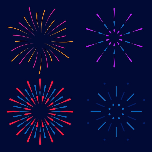 Fuegos artificiales para el Día de la Independencia de EE. UU. Saludo festivo plano fiesta de año nuevo fiesta de cumpleaños de Navidad Vector