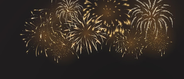 Fuegos artificiales dorados brillantes con apariencia realista sobre fondo abstracto negro luces festivas ilustración vectorial para tarjeta de felicitación de Navidad o año nuevo