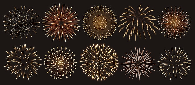 Fuegos artificiales dorados que explotan luces con iconos de colores realistas