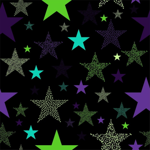 Fuegos artificiales de estrellas de colores neón en las luces multicolores del cielo para navidad o fin de año
