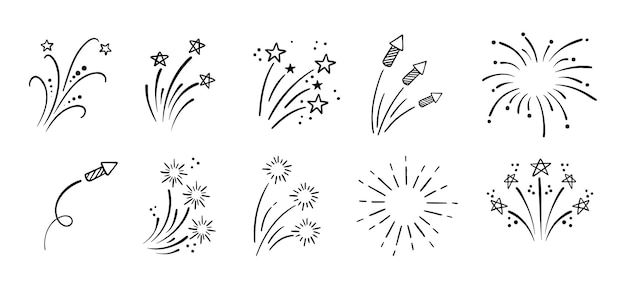 Fuegos artificiales y estrellas dibujado a mano conjunto dibujado dibujado dibujo de fuegos artificiales colección de explosiones vectoriales lineales
